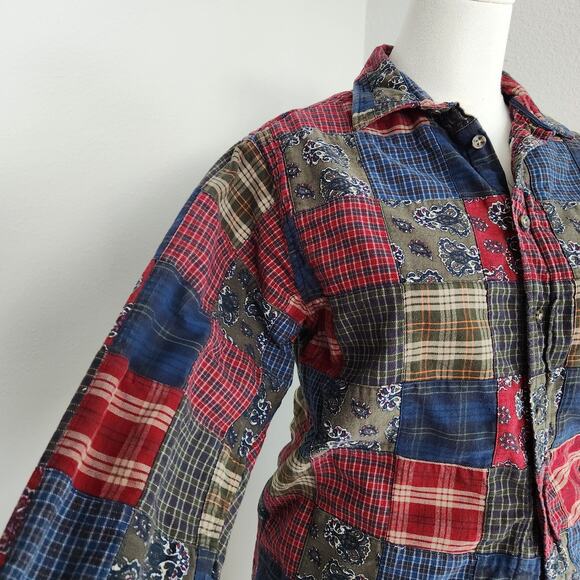 Vintage 90s Class Club Patchwork Plaid Bandana Print Cotton Button Down Shirt M - Picture 2 of 8